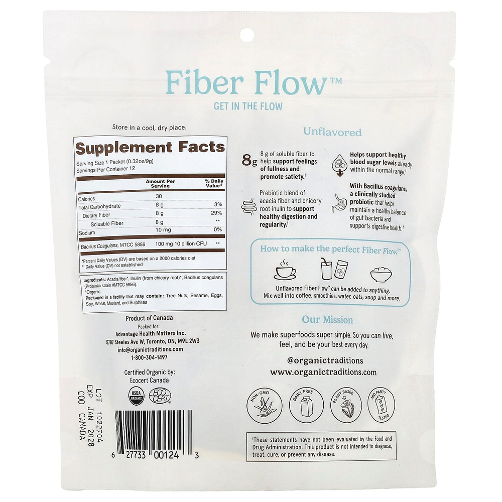 Organic Traditions, Fiber Flow™, без добавок, 12 стиков по 9 г (0,32 унции)