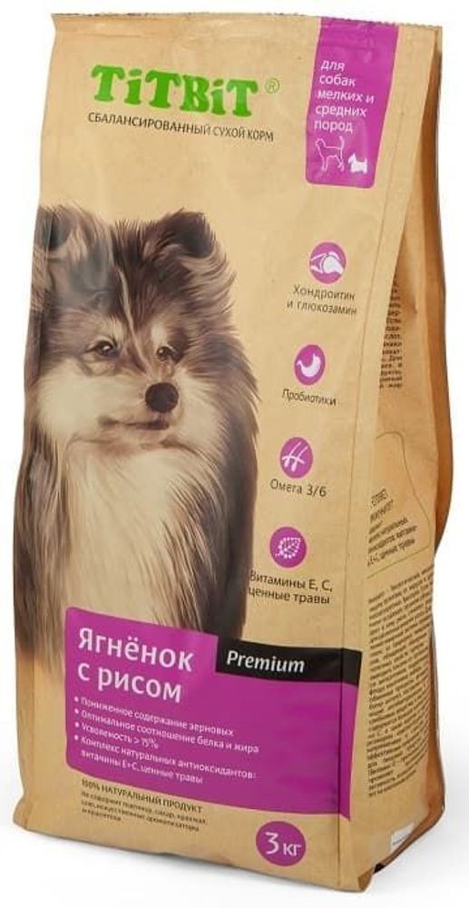 TITBIT Корм сухой 3кг для собак мелких и средних пород ягненок с рисом 008355
