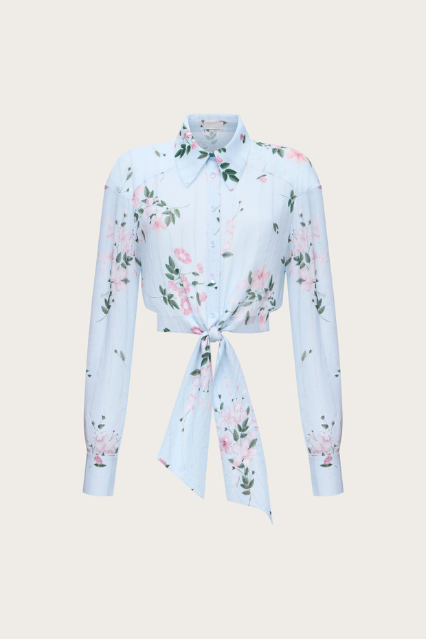 Блуза из голубой вискозы с авторским принтом и люрексной нитью