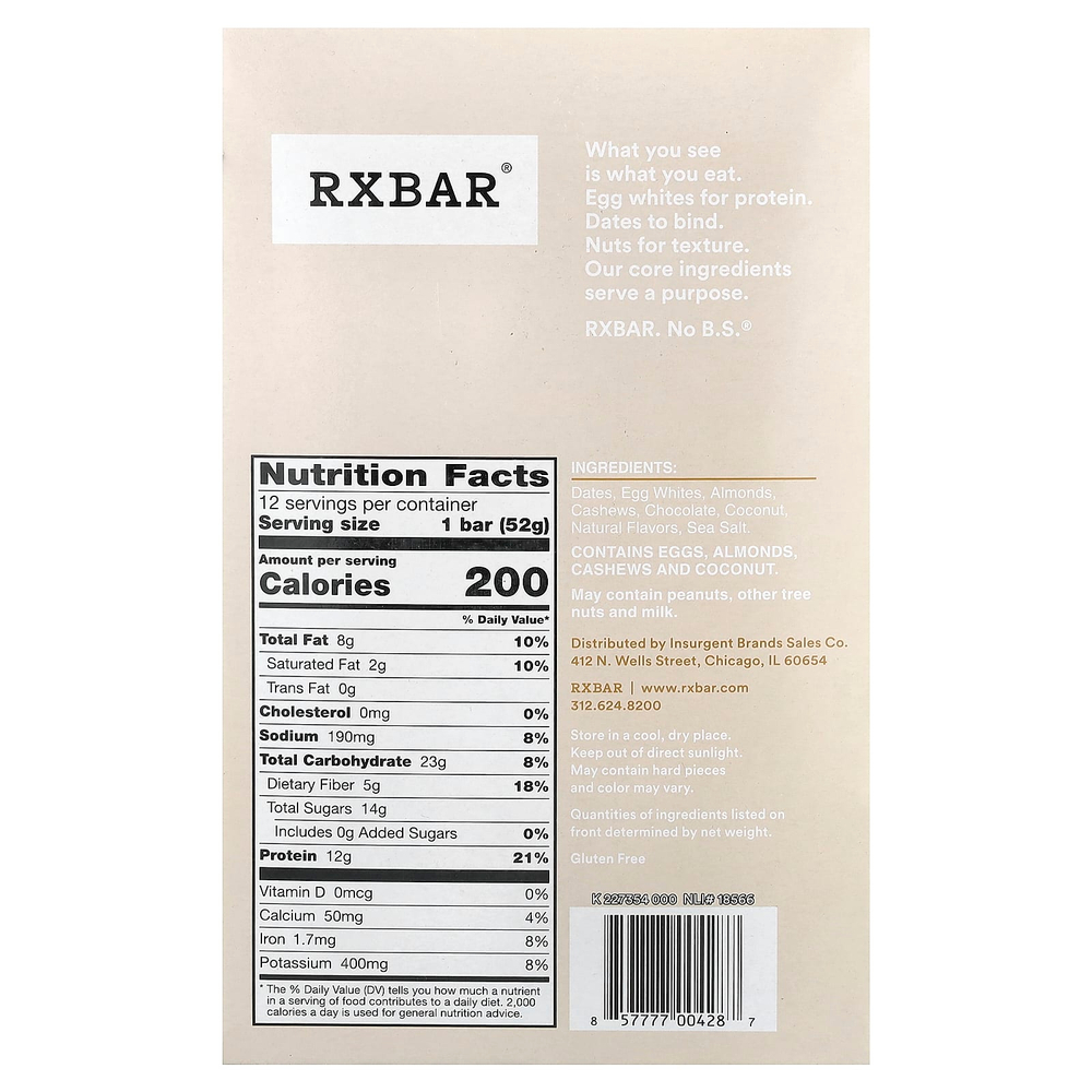 RXBAR, протеиновый батончик, кокос и шоколад, 12 батончиков по 52 г (1,8 унции)