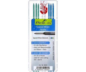 Комплект водостойких грифелей (3 синих, 2 белых, 3 зеленых) для карандаша Pica-Dry 3030 PICA-MARKER 4040