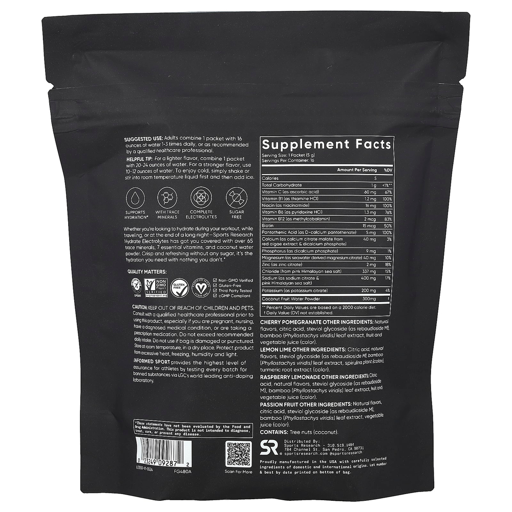 Sports Research, Hydrate Electrolytes, набор с различными добавками, 16 пакетиков по 5 г (0,18 унции)