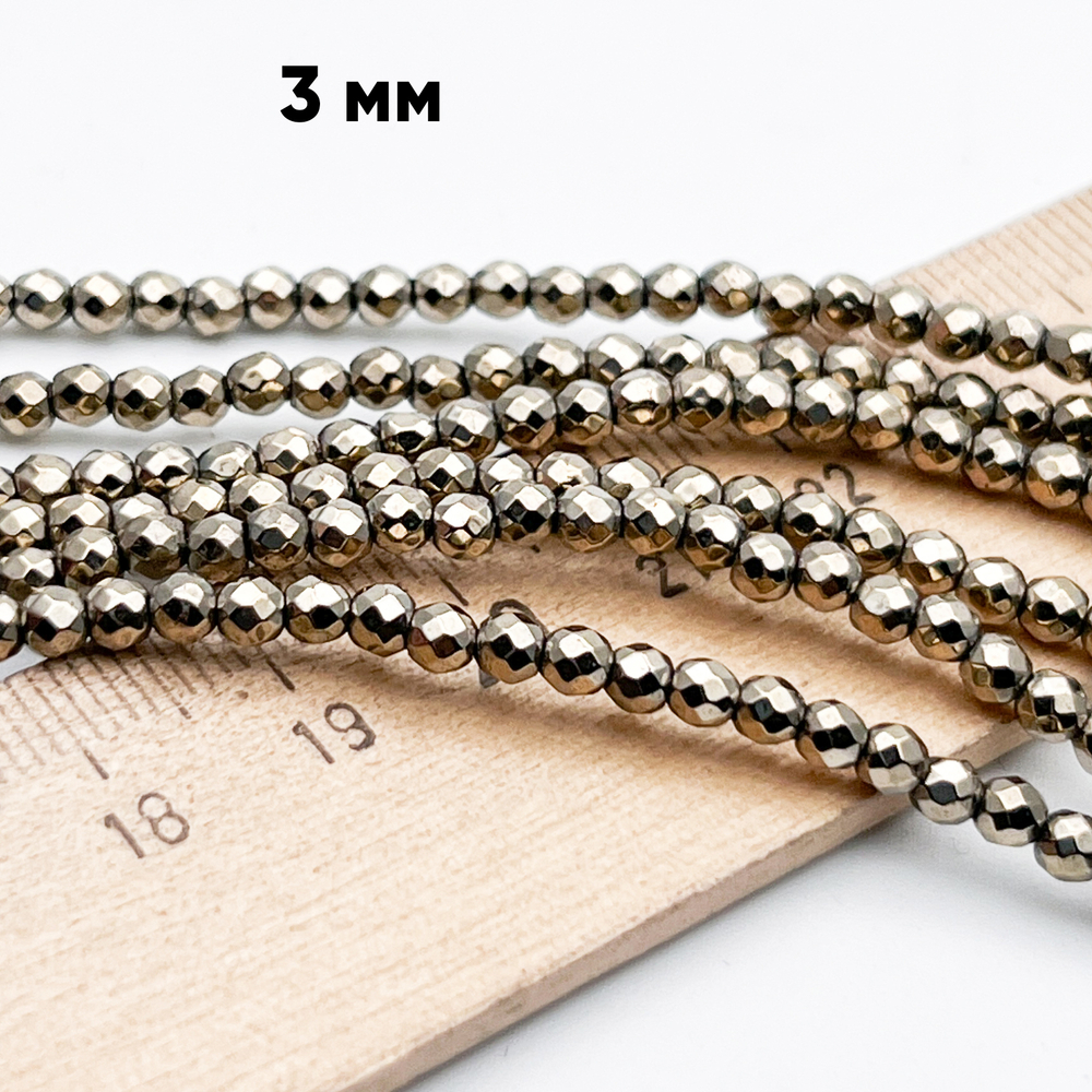 Гематит Шар граненый бусины (имитация), цвет золотистыый, размер около 3 мм, цена за нить 38 см
