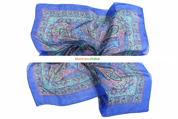 Платок материал Шелк 100% Плотный узор цвет бирюзовый розовый черный на синем с синей каймой 100x100см.