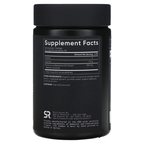 Sports Research, берберин с кокосовым маслом, 500 мг, 90 капсул