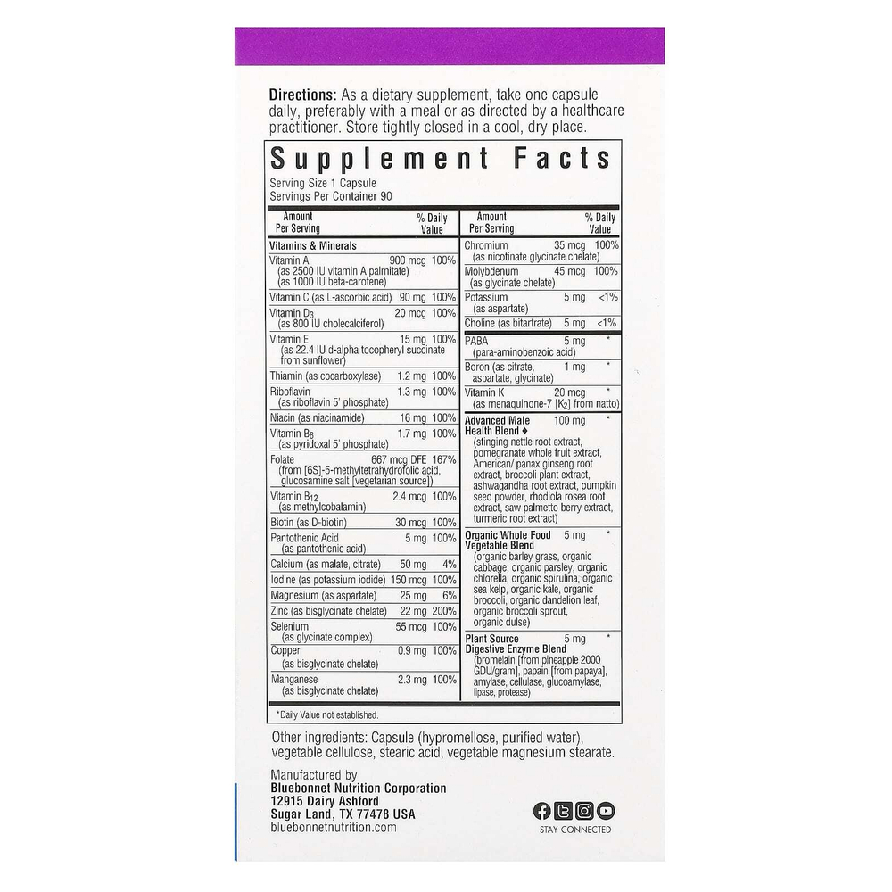 Bluebonnet Nutrition, Men's ONE, комплекс на основе цельных продуктов, 90 растительных капсул