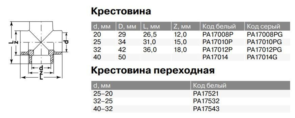 Крестовина переходная PPR Ду20-40, белая, Pro Aqua