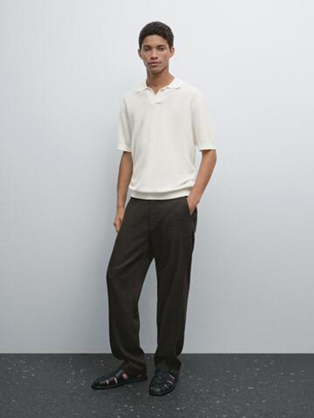Massimo Dutti Поло из трикотажа с коротким рукавом и фактурной отделкой, натуральный, кремовый