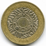 2 фунта 1998 год. Великобритания (Елизавета II). Биметалл, диаметр 28.4 мм. VF-XF