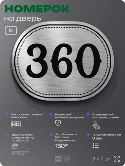 Номерок на дверь квартиры 360, для кабинета, офиса, шильдик 9 х 7 см, брашированная сталь, Айдентика Технолоджи