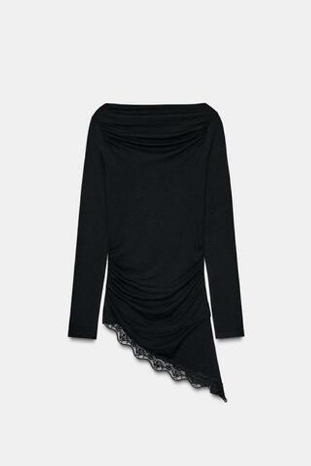 ZARA ФУТБОЛКА С АСИММЕТРИЧНЫМ НИЗОМ И КРУЖЕВОМ, ЧЕРНЫЙ