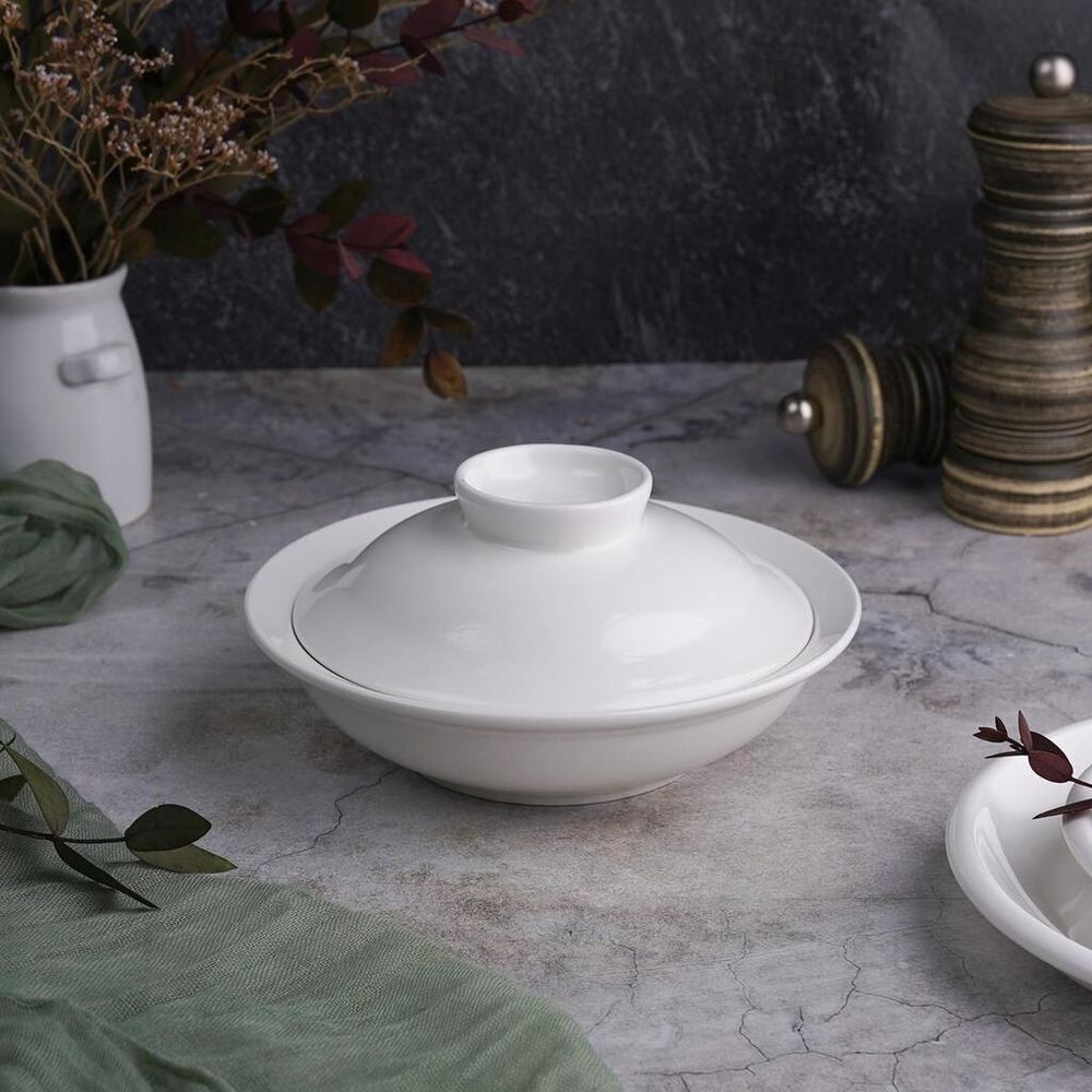 Бульонница мисосупница 175 мл d 14,5 см h7 см с крышкой белая фарфор "Kunst Werk Bl" P.L. [6]