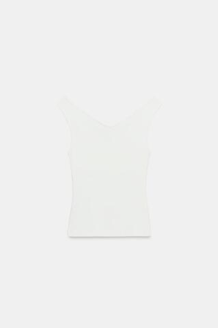 ZARA ФУТБОЛКА С ОТКРЫТЫМИ ПЛЕЧАМИ, ЖЕЛТОВАТО-БЕЛЫЙ
