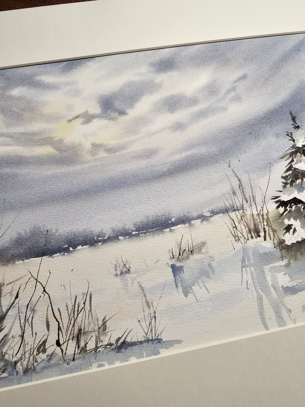 Картина авторская акварельная в паспарту 30х40 см на стену для интерьера "Поздний рассвет. Зима"