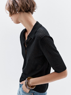 Massimo Dutti Свитер ажурной вязки с воротником поло, черный