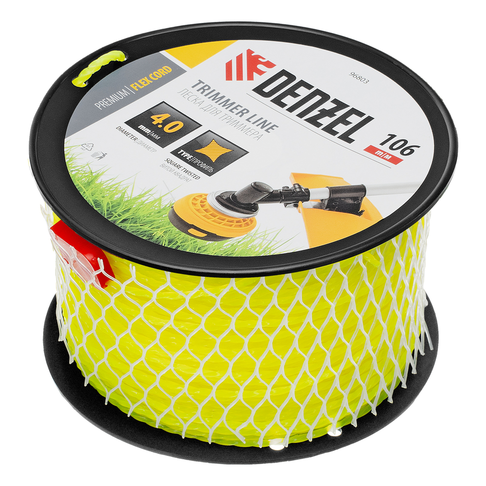 Леска для триммера витой квадрат, 4,0мм х 106м, на DIN катушке FLEX CORD Denzel