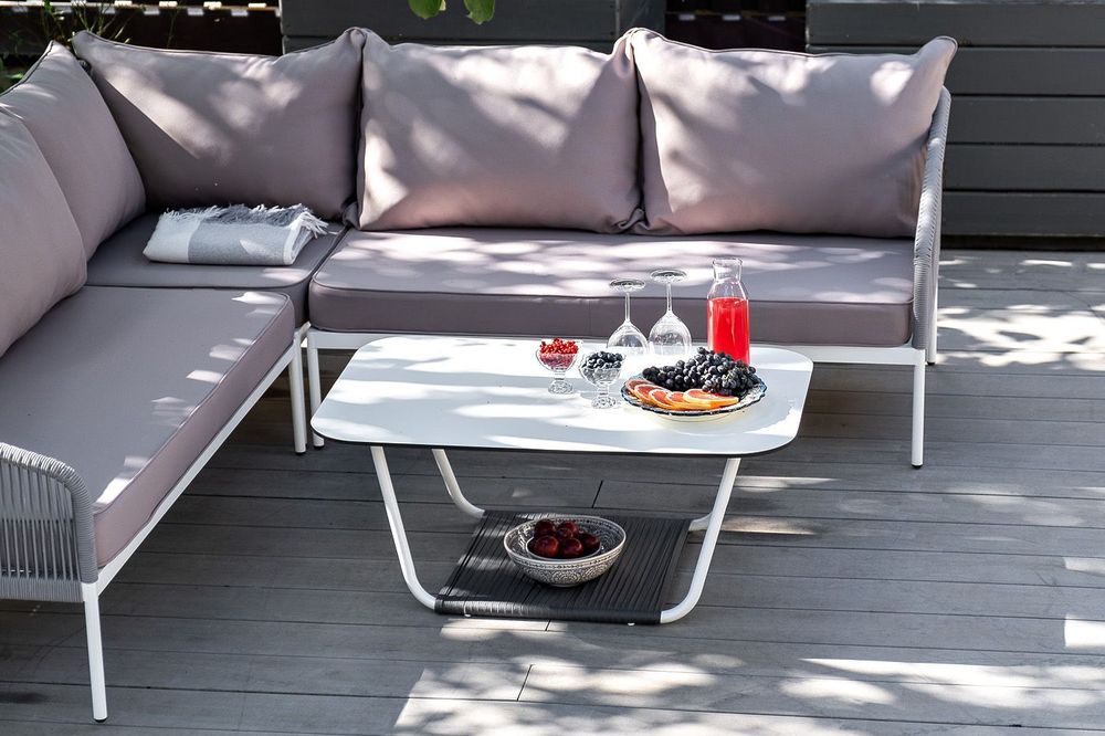 "Канны" диван модульный плетеный из роупа, каркас алюминий белый, роуп светло-серый круглый, ткань светло-серая