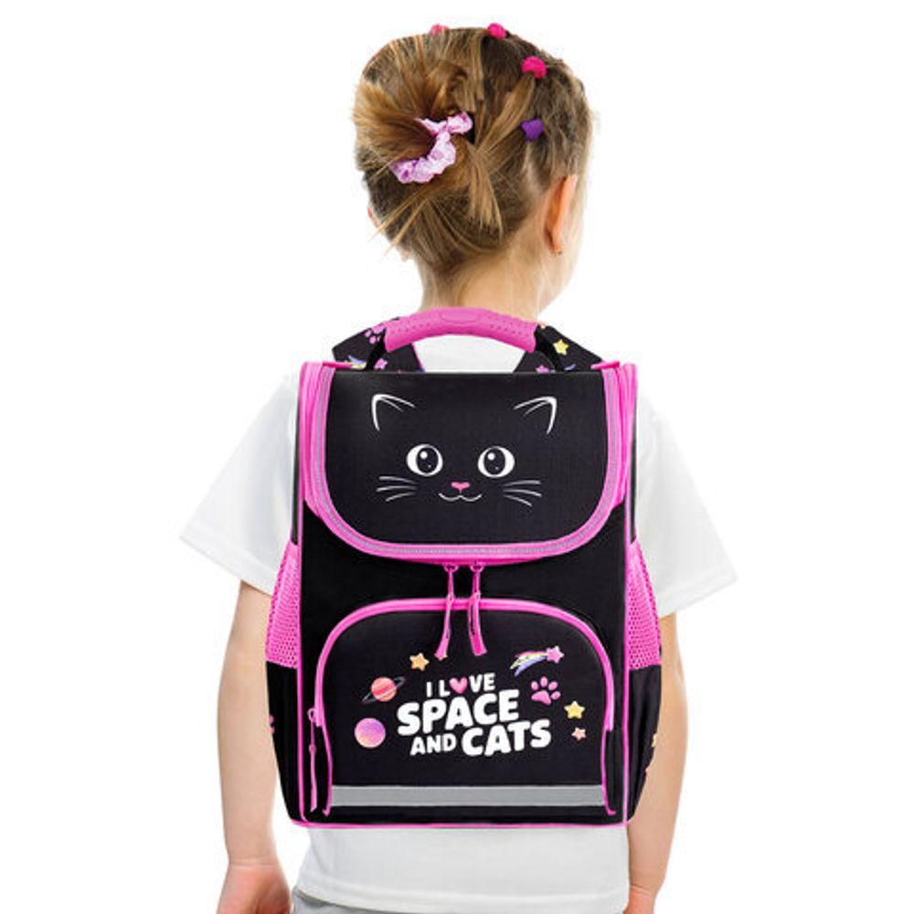 Ранец ПИФАГОР BASIC, 1 отделение, 3 кармана, эргономичная спинка, "Dark kitten", 35х28х18 см, 273134