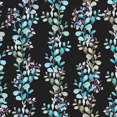 Бесшовный узор из ветвей эвкалипта, вишни, яблока, цветов, бутонов.