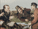 Гобелен в раме "Охотники на привале" 1950 е годы СССР. 83 х 55 см