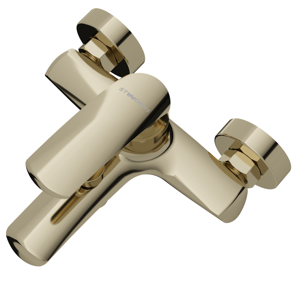 Смеситель для ванны с душем STWORKI Гётеборг S03100GG + Душевой гарнитур Гётеборг S03190GG, глянцевое золото