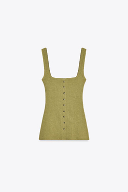 ZARA ТЕКСТУРИРОВАННЫЙ ТОП С ПУГОВИЦАМИ, ЗЕЛЕНЫЙ