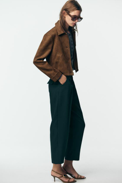 ZARA БРЮКИ С ЗАЩИПАМИ И РЕМНЕМ, СИНЕ-ЗЕЛЕНЫЙ