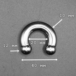 Циркуляр ( утяжелитель), подкова для пирсинга: диаметр 20 мм, толщина 10 мм, диаметр шариков 12 мм. Сталь 316L.