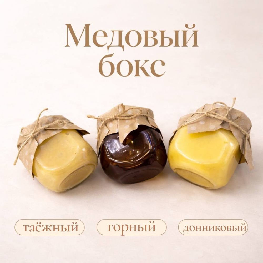 Медовый бокс (набор из 3 сортов меда: таежный, горный, донниковый). 900гр. Алтайский край