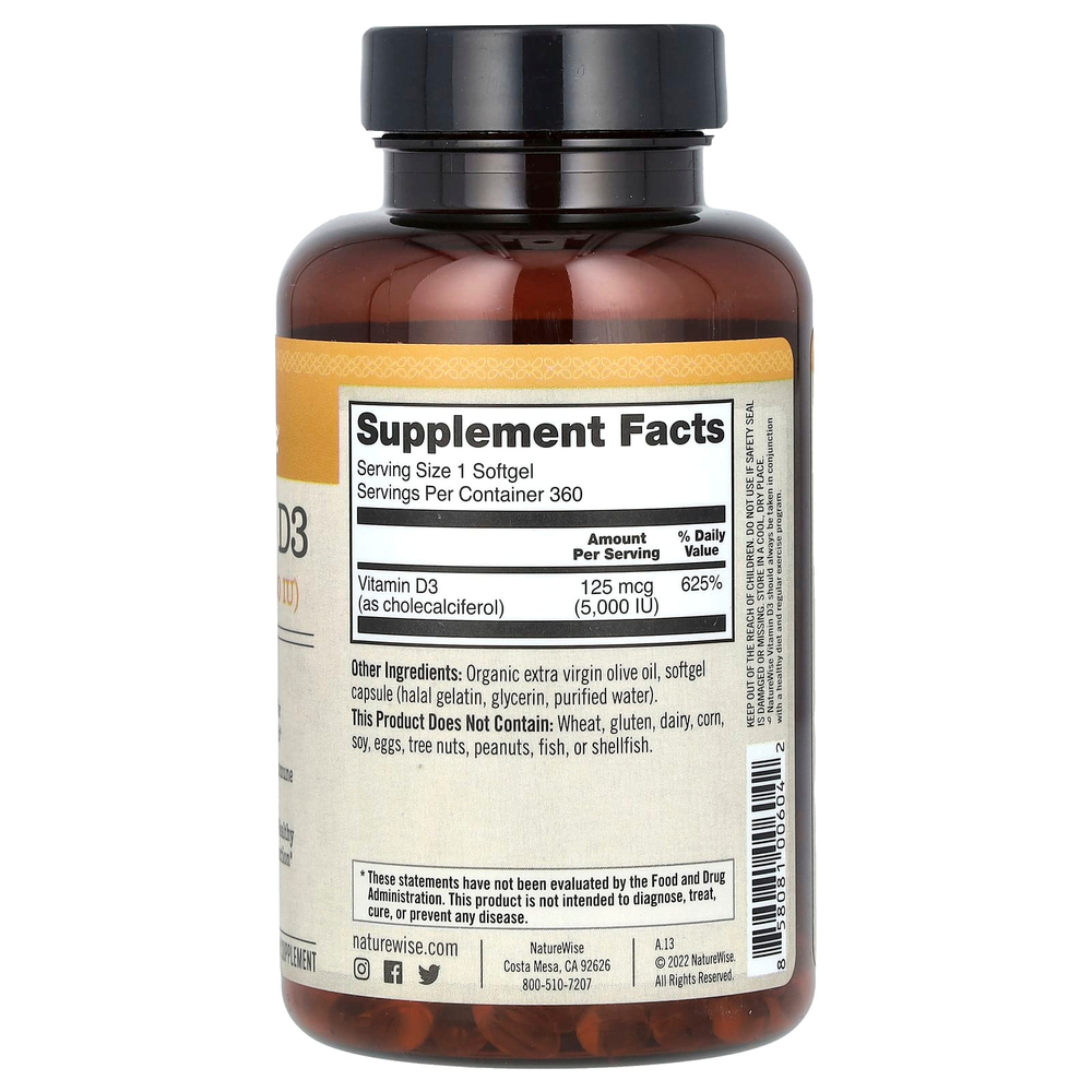 NatureWise, витамин D3, 125 мкг (5000 МЕ), 360 капсул