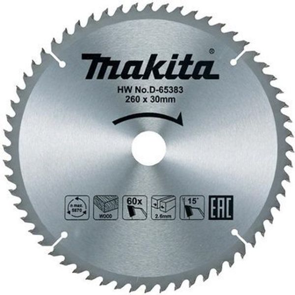 Диск пильный по дереву 260x30x2.6/1.8 мм, 60T Makita D-65383