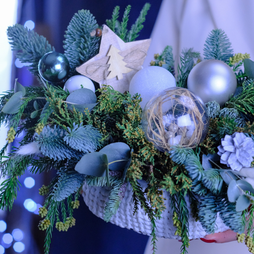 Купить Нежная новогодняя композиция #704 в вязаном кашпо