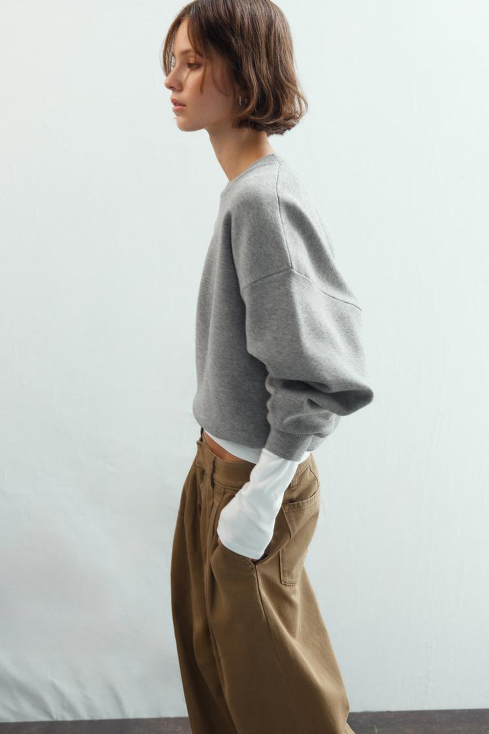 ZARA ТОЛСТОВКА ИЗ ГЛАДКОГО ТРИКОТАЖА, СЕРЫЙ МЕЛАНЖ