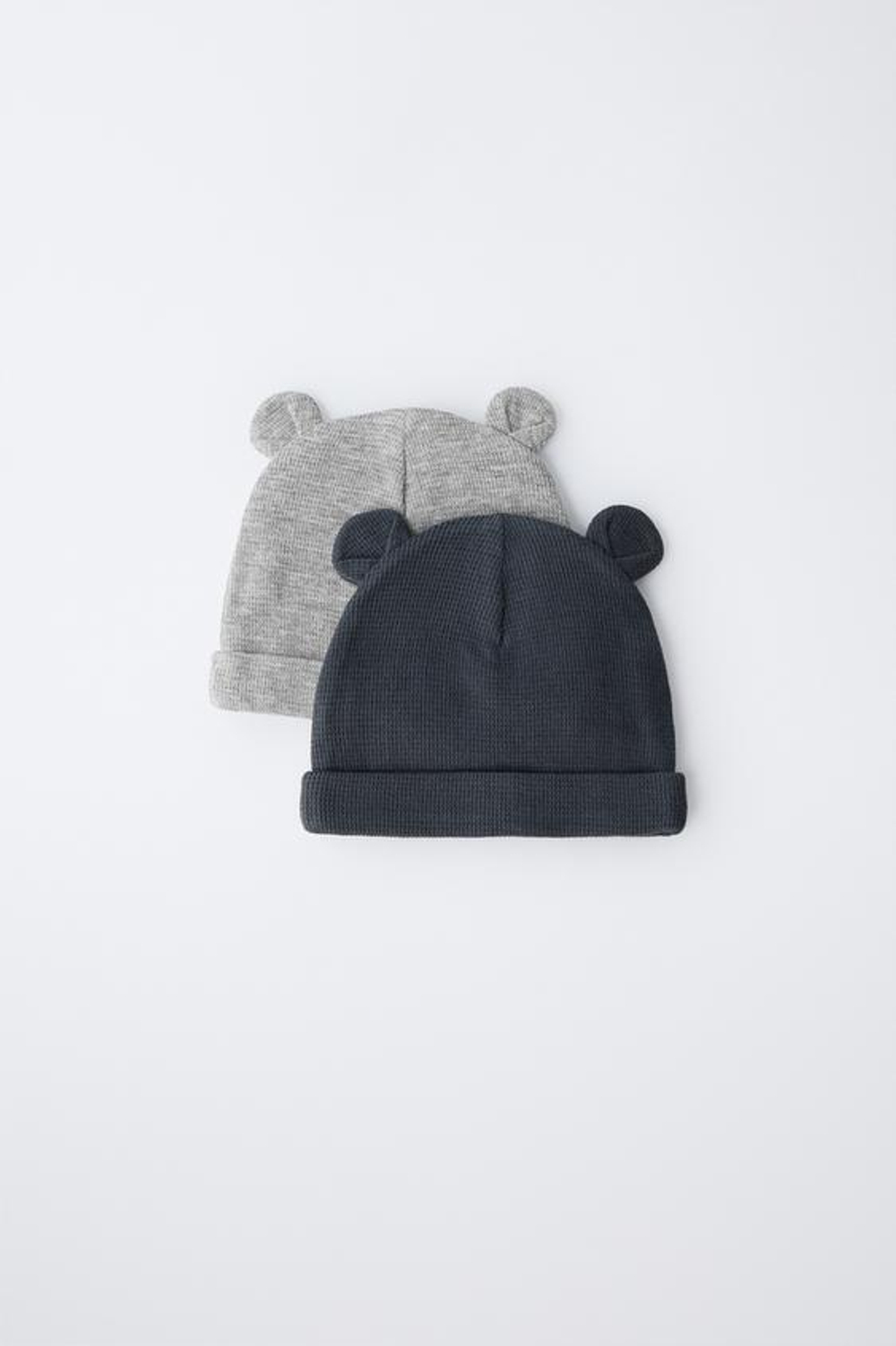 ZARA НАБОР ИЗ ДВУХ ШАПОК WAFFLE С УШКАМИ, СЕРЫЙ/СИНИЙ