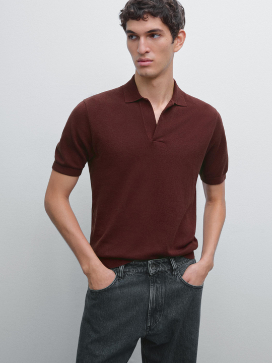 Massimo Dutti Вязаная футболка-поло с V-образным вырезом, красное дерево