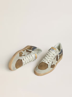 Men's Army green Ball Star shoes in waxed suede with star and heel in ice grey suede