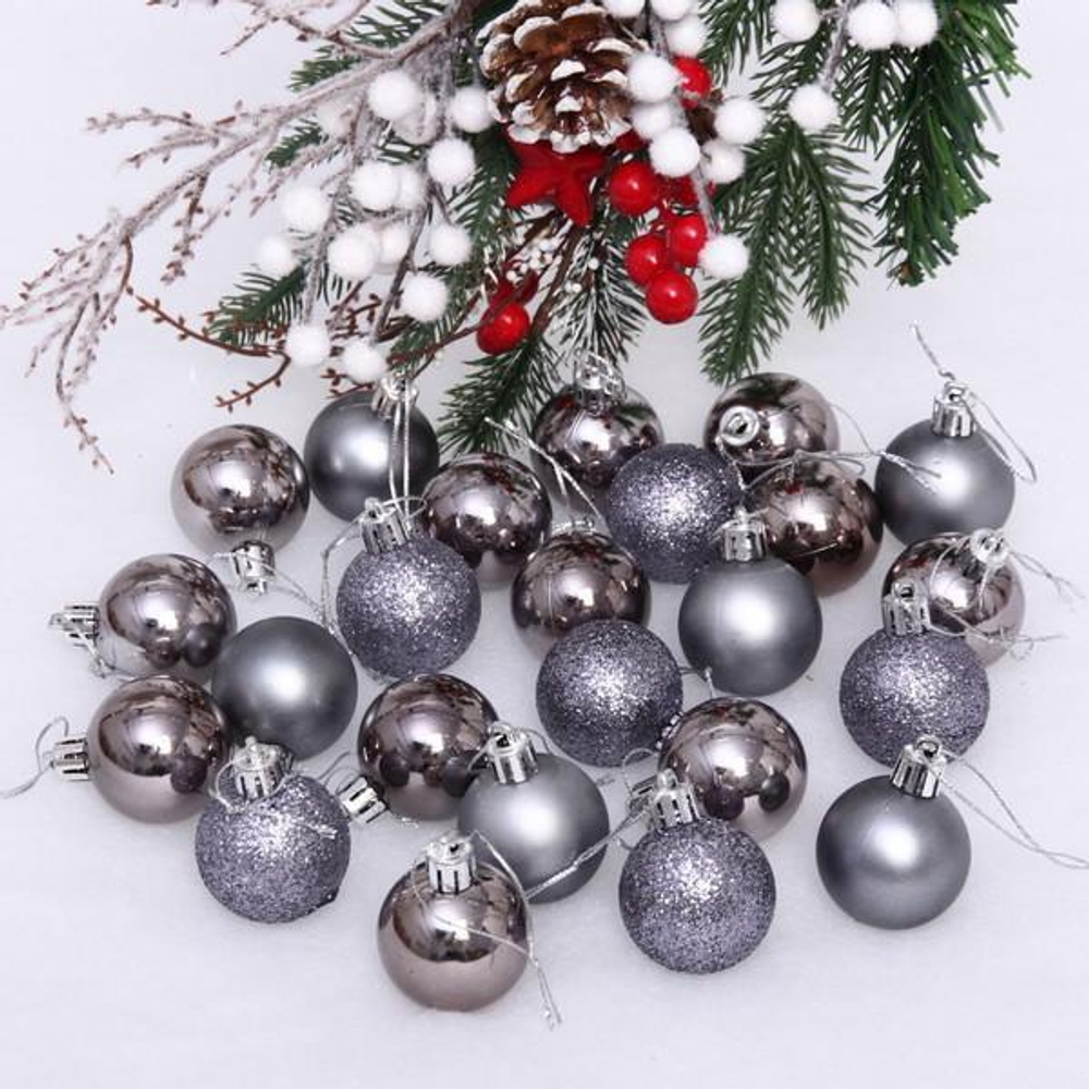 Новогодние шары 4 см (набор 24 шт) "Микс фактур", графит (Серпантин)