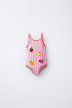 ZARA КУПАЛЬНИК ИЗ КРУЖЕВА КРОШЕ С ФРУКТАМИ И ПОЛОСКАМИ, РОЗОВЫЙ
