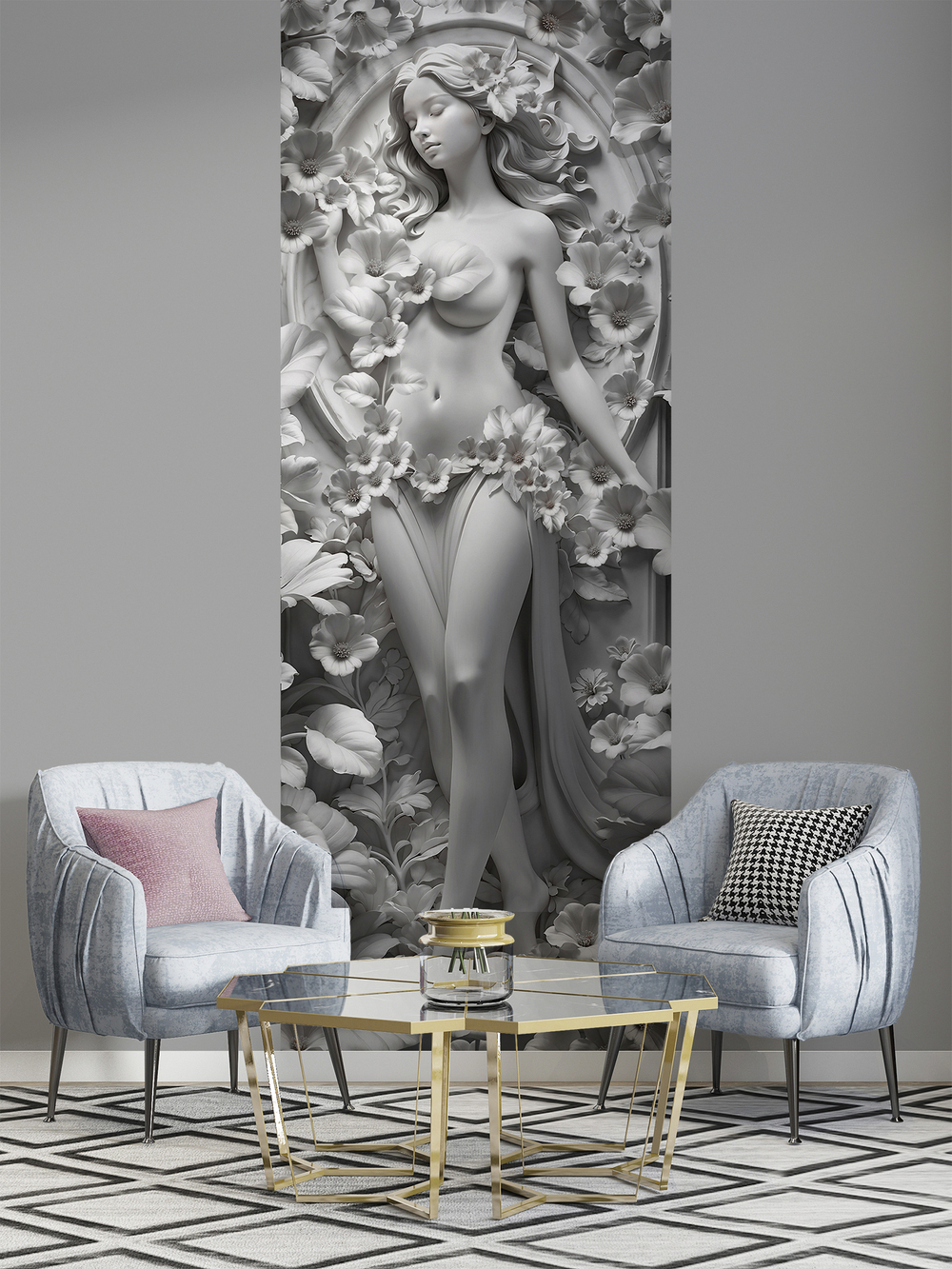 3D Фотообои объемные девушка и цветы в мраморе