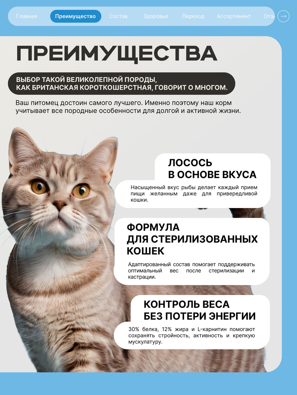 Корм сухой для стерилизованных кошек породы Британская короткошерстная, с лососем, 400 гр, QUATTRO