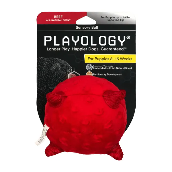 Сенсорный плюшевый мяч Playology PUPPY SENSORY BALL 11 см для щенков мелких и средних пород 8-16 недель с ароматом говядины, цвет красный