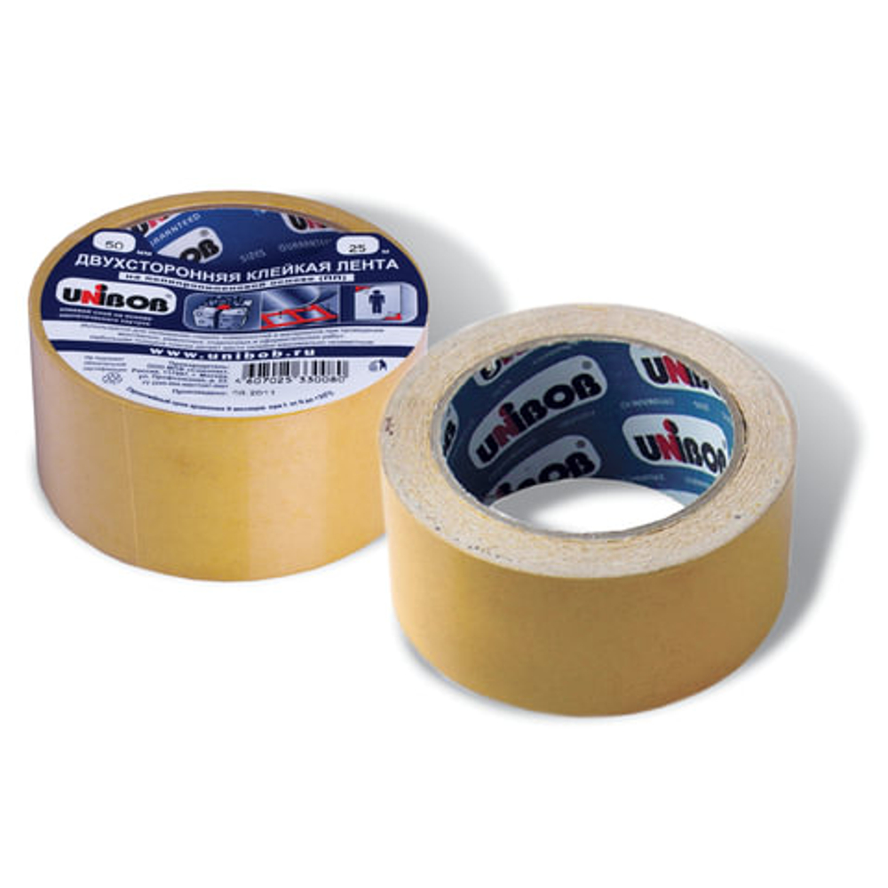 Клейкая двухсторонняя лента 50мм х 25м, ПОЛИПРОПИЛЕНОВАЯ ОСНОВА, UNIBOB