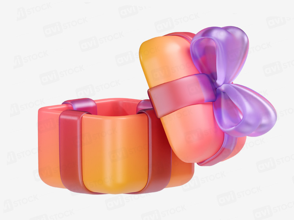 Open gift box with purple bow. Christmas present, holiday celebration, PNG, 3D style.