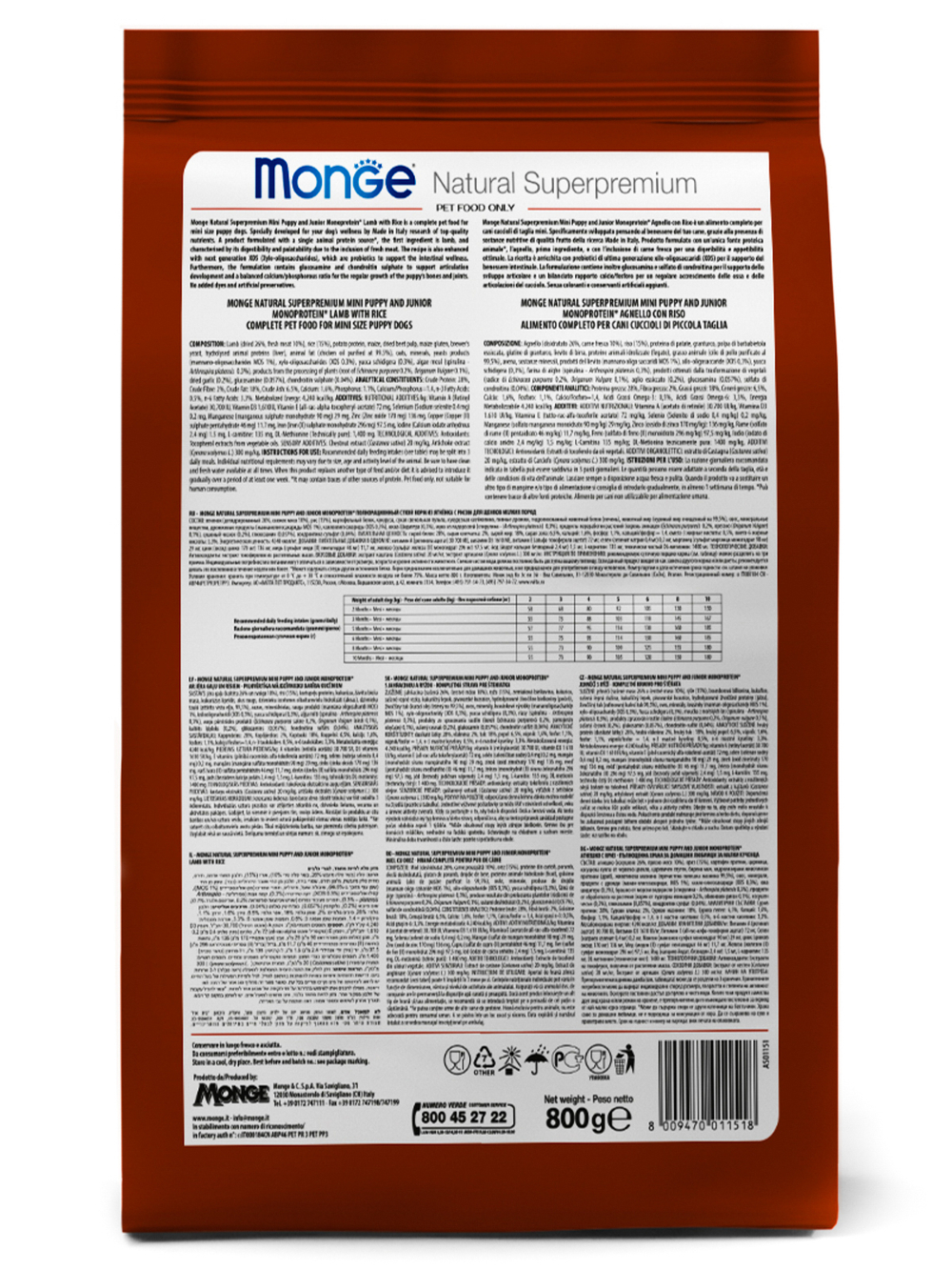 Сухой корм Monge Dog Speciality Line Monoprotein Mini корм для щенков мелких пород, из ягненка с рисом и картофелем 800 г