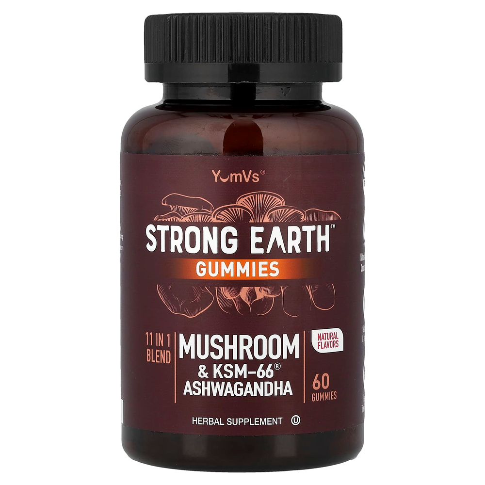 YumVs, жевательные таблетки Strong Earth™, гриб и ашваганда KSM-66®, 60 жевательных таблеток