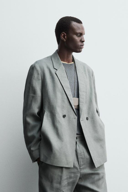 ZARA БРЮКИ КОСТЮМНЫЕ ИЗ 100% ЛЬНА, ЛИНЯЛЫЙ ЗЕЛЕНЫЙ