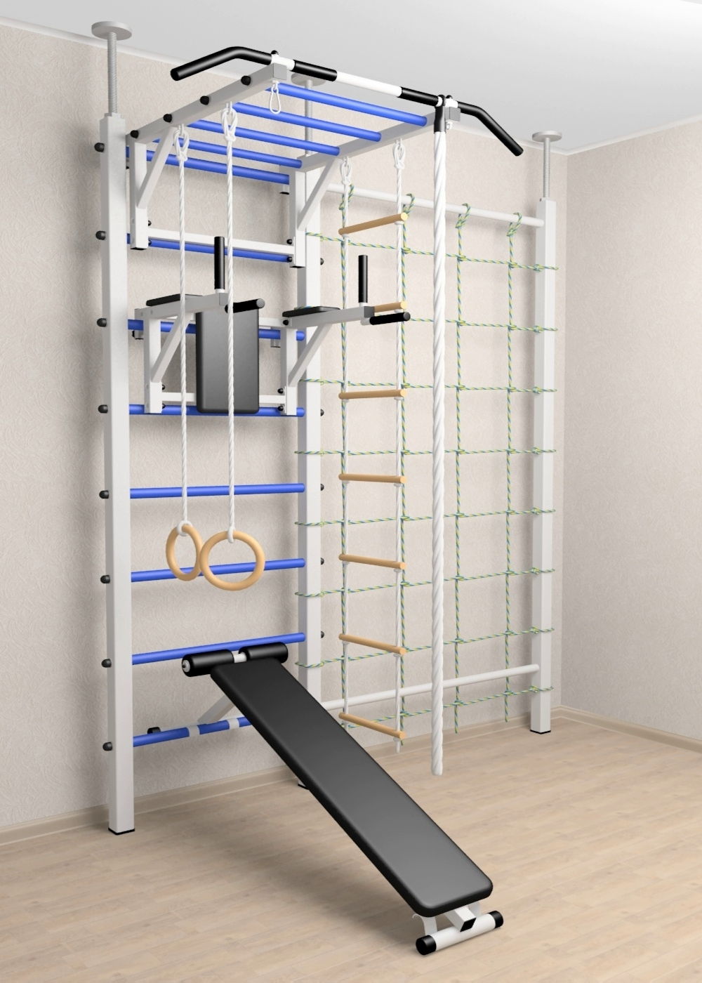 Шведская стенка Sv Sport враспор (Турник рукоход/Брусья/Скамья/Канат/Kольца/Лестница/Канатный лаз/Сетка)