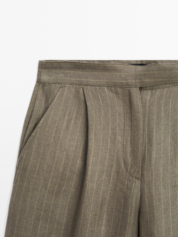 Massimo Dutti Брюки из 100% льна в полоску с пряжкой, серо-зеленый