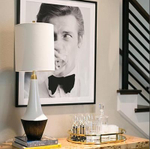 Neale Table Lamp in White Leather and Satin Black with Cream Linen Shade