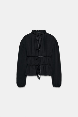 ZARA БЛУЗА ИЗ КРЕПА С БАРХАТНЫМИ БАНТАМИ, ЧЕРНЫЙ